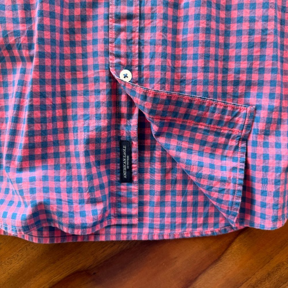 American Eagle Men's XXL Shirt Gingham Long Sleeve Seriously Soft Pink Blue - Picture 8 of 11